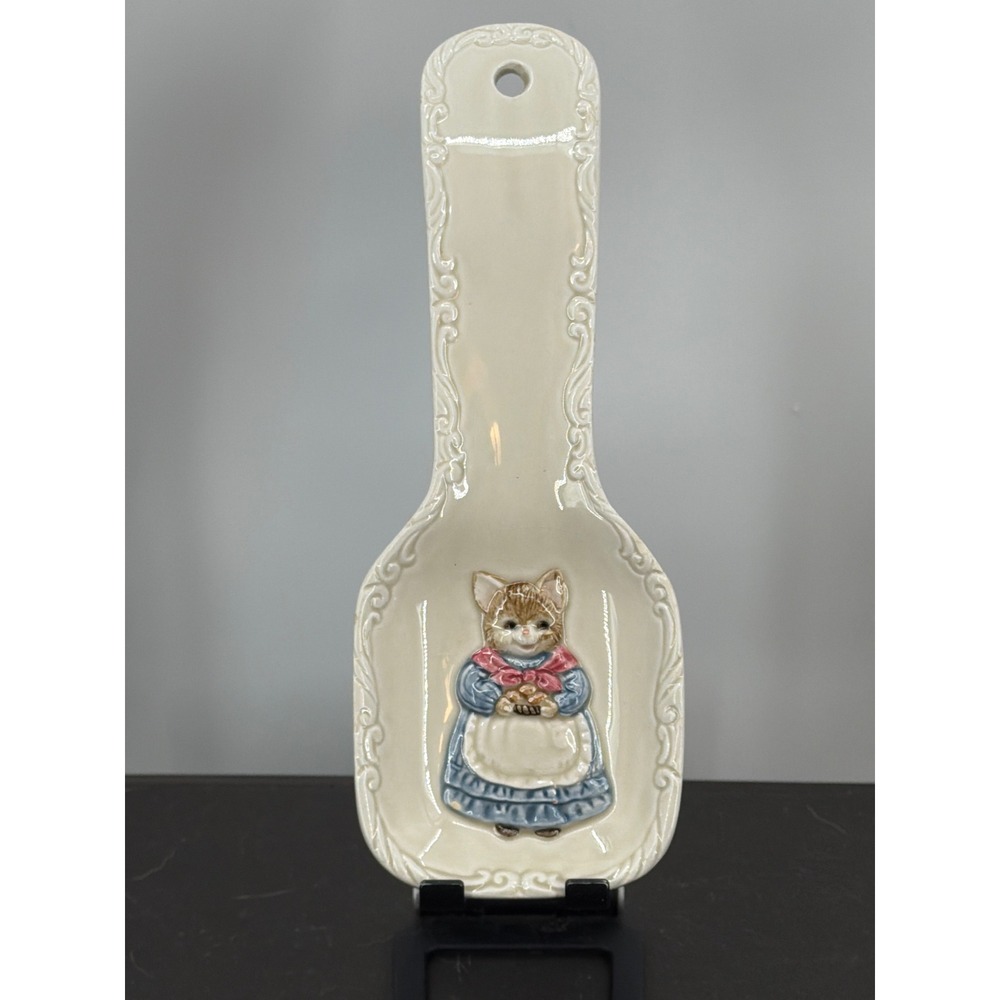 Vintage Otagiri Ceramic Spoon Rest Embossed Cat Blue Dress Pink Bow Cream 8.5"